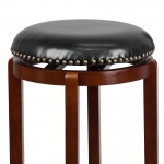 29'' High Backless Light Cherry Wood Barstool with Black LeatherSoft Swivel Seat