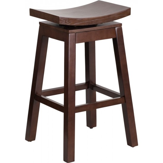 30'' High Saddle Seat Cappuccino Wood Barstool with Auto Swivel Seat Return