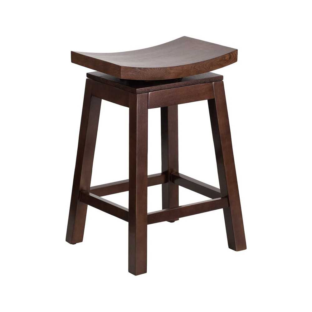 26'' High Saddle Seat Cappuccino Wood Counter Height Stool with Auto Swivel Seat Return