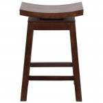 26'' High Saddle Seat Cappuccino Wood Counter Height Stool with Auto Swivel Seat Return