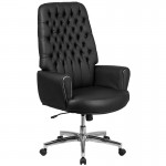 High Back Traditional Tufted Black LeatherSoft Executive Swivel Office Chair with Silver Welt Arms