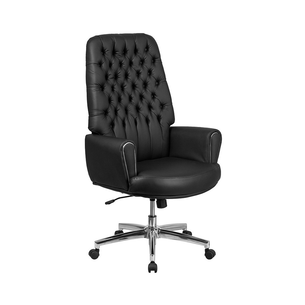 High Back Traditional Tufted Black LeatherSoft Executive Swivel Office Chair with Silver Welt Arms