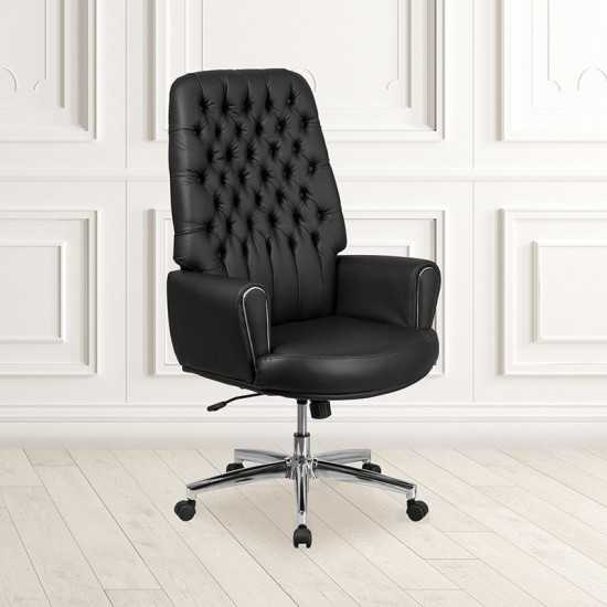 High Back Traditional Tufted Black LeatherSoft Executive Swivel Office Chair with Silver Welt Arms