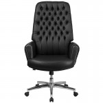 High Back Traditional Tufted Black LeatherSoft Executive Swivel Office Chair with Silver Welt Arms