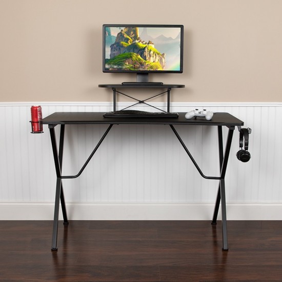 Black Gaming Desk with Cup Holder, Headphone Hook, and Monitor/Smartphone Stand