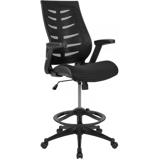 High Back Black Mesh Spine-Back Ergonomic Drafting Chair with Adjustable Foot Ring and Adjustable Flip-Up Arms