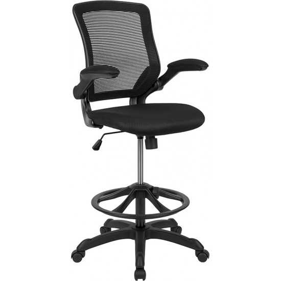 Mid-Back Black Mesh Ergonomic Drafting Chair with Adjustable Foot Ring and Flip-Up Arms