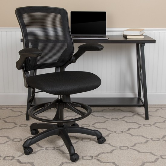 Mid-Back Black Mesh Ergonomic Drafting Chair with Adjustable Foot Ring and Flip-Up Arms