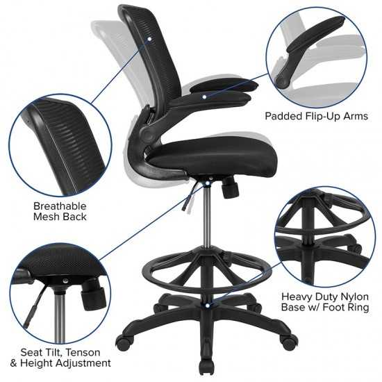 Mid-Back Black Mesh Ergonomic Drafting Chair with Adjustable Foot Ring and Flip-Up Arms