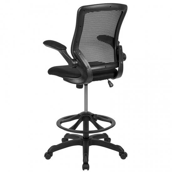 Mid-Back Black Mesh Ergonomic Drafting Chair with Adjustable Foot Ring and Flip-Up Arms