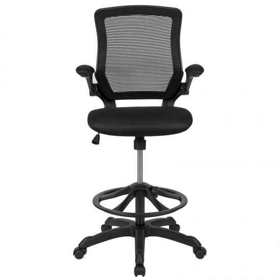 Mid-Back Black Mesh Ergonomic Drafting Chair with Adjustable Foot Ring and Flip-Up Arms
