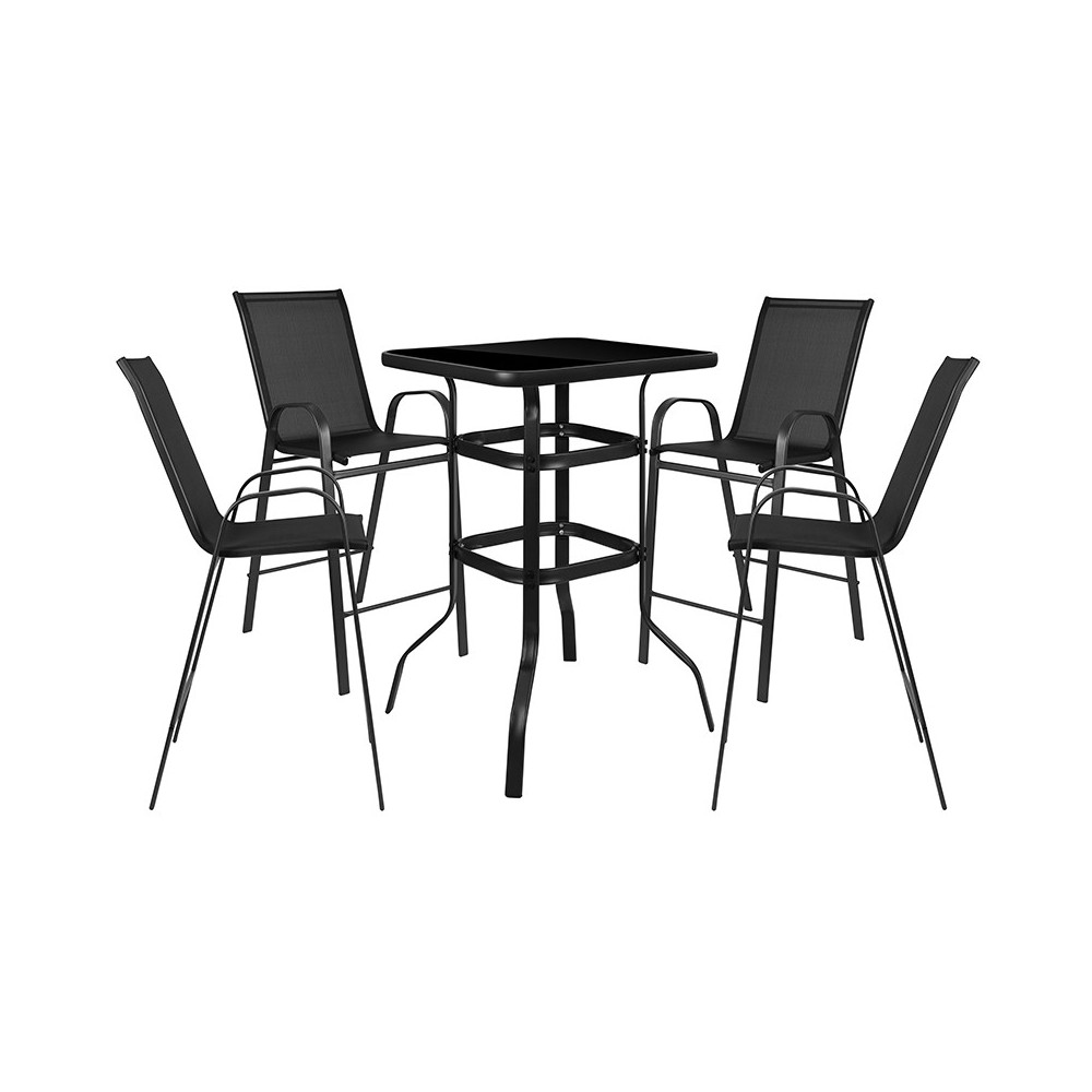 5 Piece Outdoor Glass Bar Patio Table Set with 4 Barstools