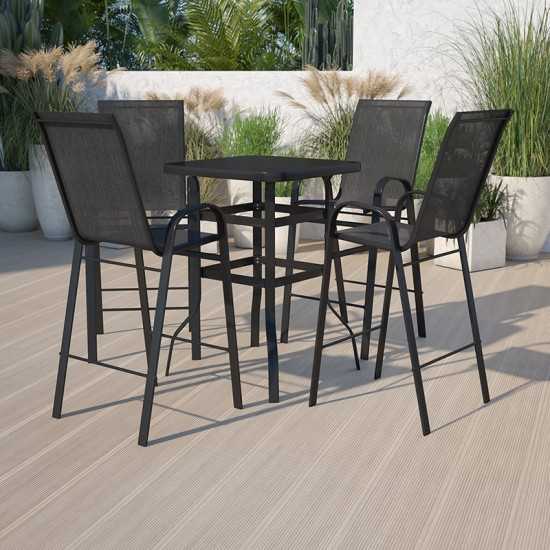5 Piece Outdoor Glass Bar Patio Table Set with 4 Barstools