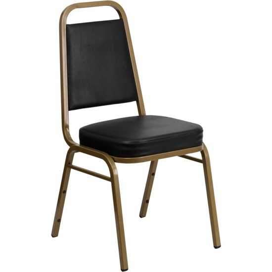 Trapezoidal Back Stacking Banquet Chair in Black Vinyl - Gold Frame
