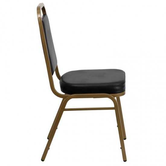 Trapezoidal Back Stacking Banquet Chair in Black Vinyl - Gold Frame