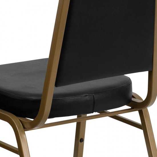 Trapezoidal Back Stacking Banquet Chair in Black Vinyl - Gold Frame