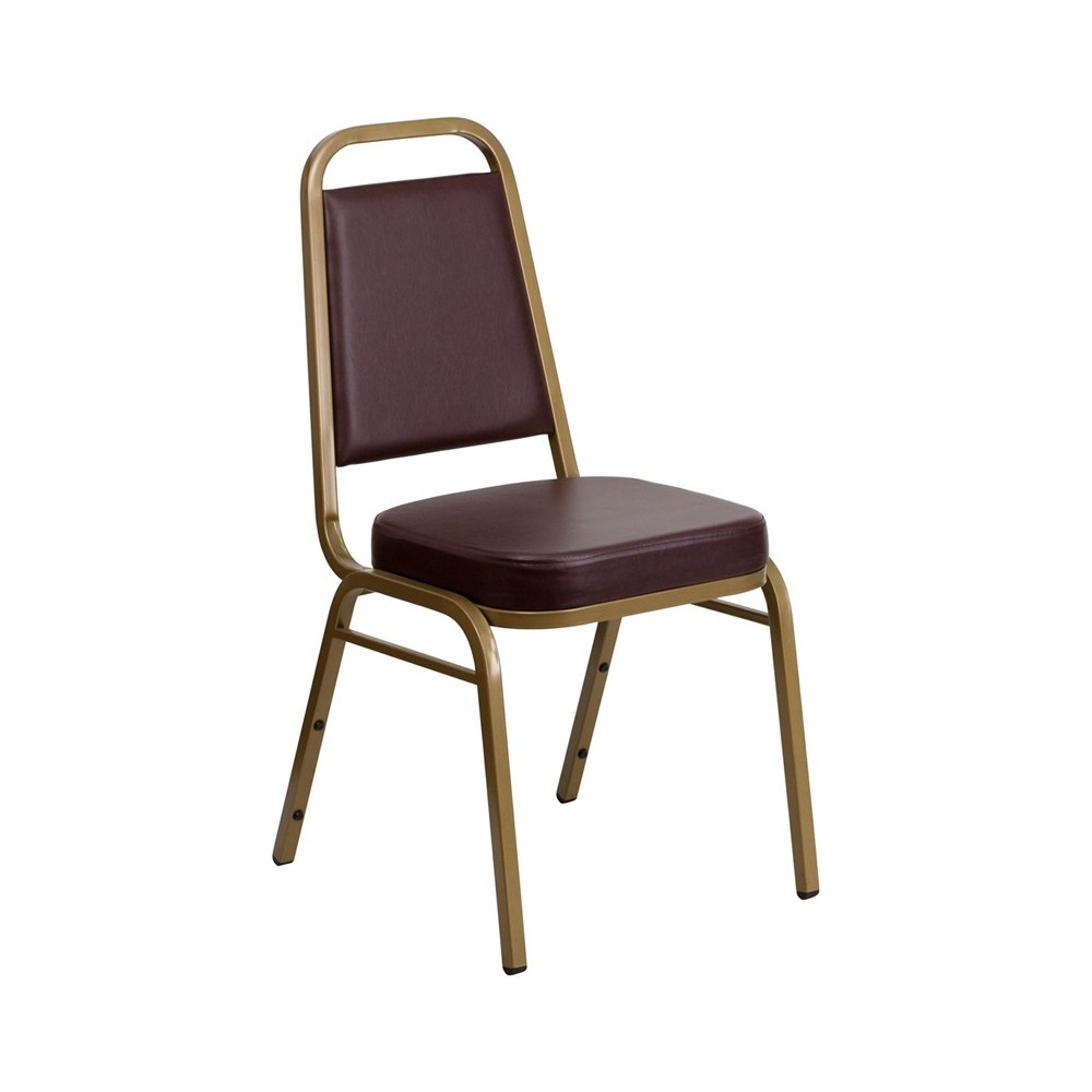 Trapezoidal Back Stacking Banquet Chair in Brown Vinyl - Gold Frame