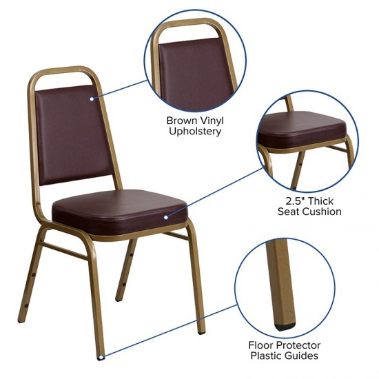 Trapezoidal Back Stacking Banquet Chair in Brown Vinyl - Gold Frame