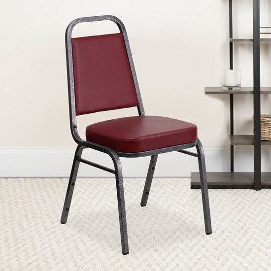 Trapezoidal Back Stacking Banquet Chair in Burgundy Vinyl - Silver Vein Frame