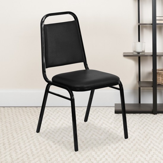 Trapezoidal Back Stacking Banquet Chair in Black Vinyl - Black Frame