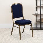 Crown Back Stacking Banquet Chair in Navy Blue Patterned Fabric - Gold Frame