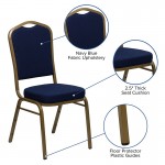 Crown Back Stacking Banquet Chair in Navy Blue Patterned Fabric - Gold Frame