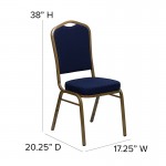 Crown Back Stacking Banquet Chair in Navy Blue Patterned Fabric - Gold Frame