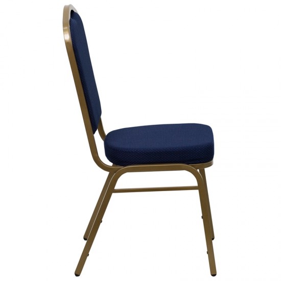 Crown Back Stacking Banquet Chair in Navy Blue Patterned Fabric - Gold Frame