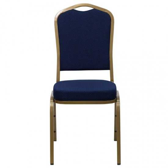 Crown Back Stacking Banquet Chair in Navy Blue Patterned Fabric - Gold Frame