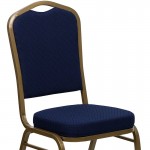 Crown Back Stacking Banquet Chair in Navy Blue Patterned Fabric - Gold Frame