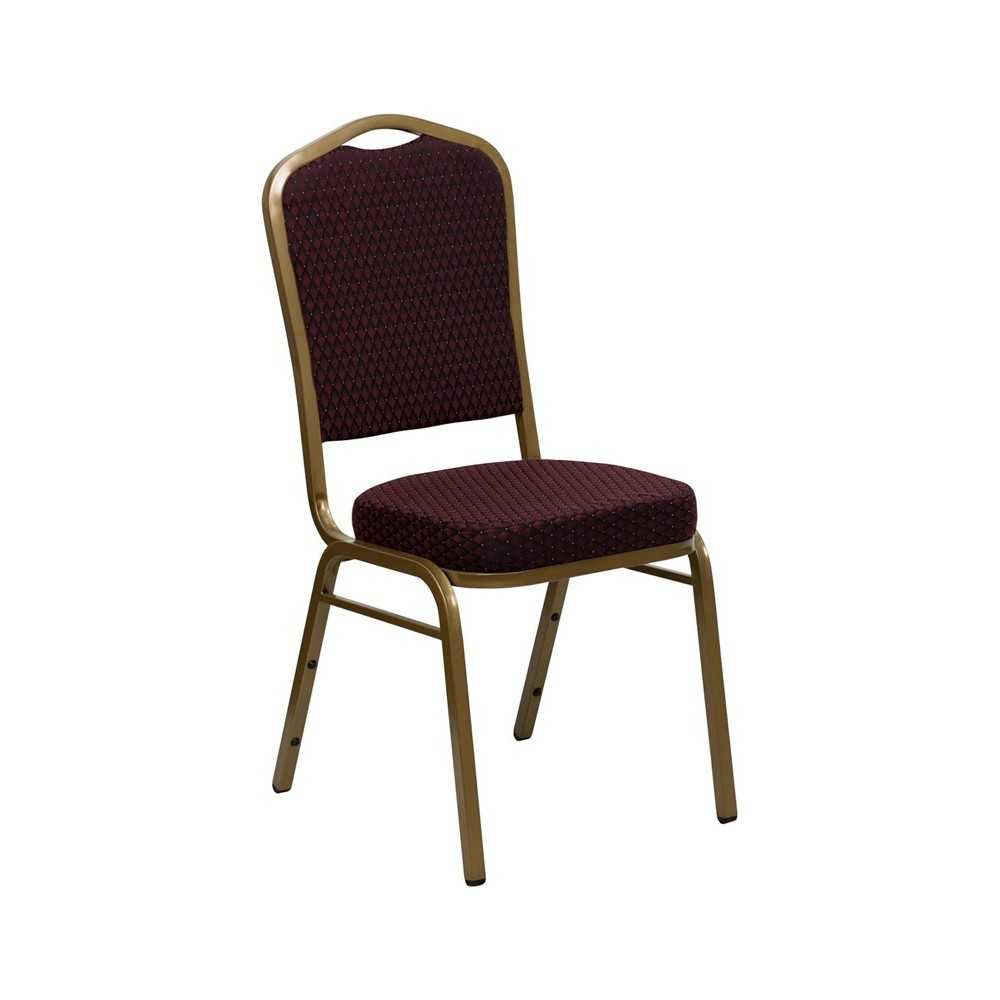 Crown Back Stacking Banquet Chair in Burgundy Patterned Fabric - Gold Frame