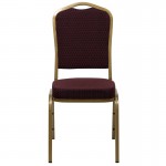 Crown Back Stacking Banquet Chair in Burgundy Patterned Fabric - Gold Frame