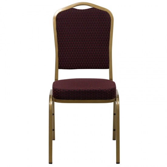 Crown Back Stacking Banquet Chair in Burgundy Patterned Fabric - Gold Frame