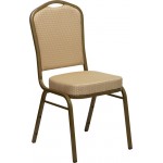 Crown Back Stacking Banquet Chair in Beige Patterned Fabric - Gold Frame