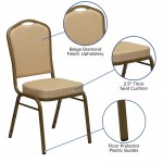 Crown Back Stacking Banquet Chair in Beige Patterned Fabric - Gold Frame