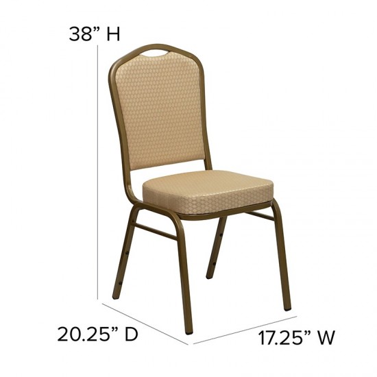 Crown Back Stacking Banquet Chair in Beige Patterned Fabric - Gold Frame