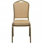 Crown Back Stacking Banquet Chair in Beige Patterned Fabric - Gold Frame