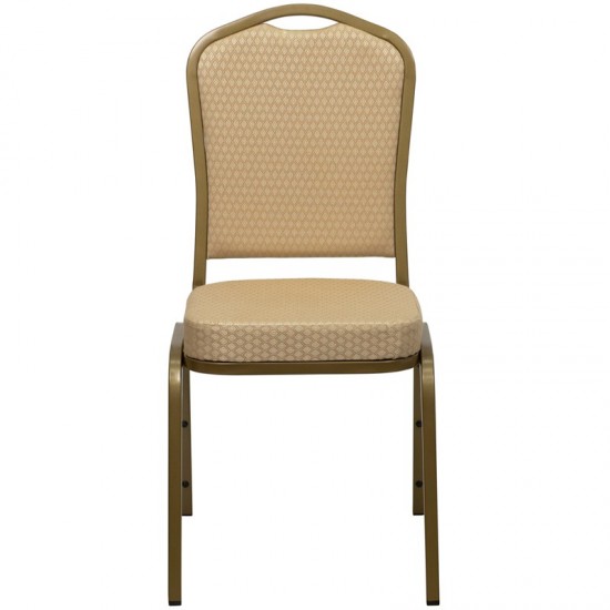 Crown Back Stacking Banquet Chair in Beige Patterned Fabric - Gold Frame