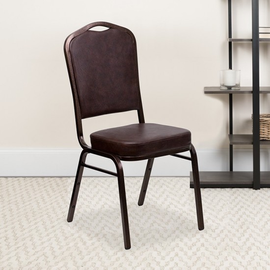 Crown Back Stacking Banquet Chair in Brown Vinyl - Copper Vein Frame