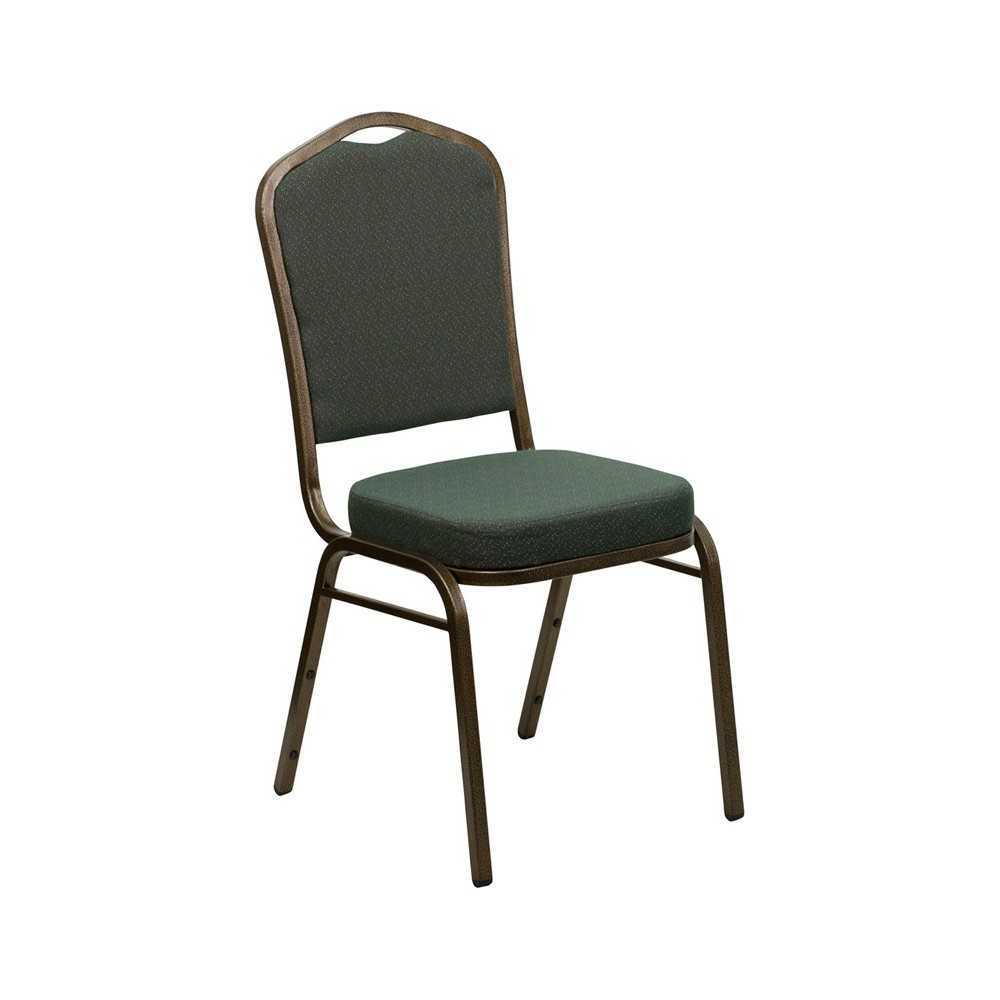 Crown Back Stacking Banquet Chair in Green Patterned Fabric - Gold Vein Frame