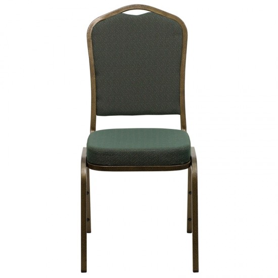 Crown Back Stacking Banquet Chair in Green Patterned Fabric - Gold Vein Frame