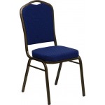 Crown Back Stacking Banquet Chair in Navy Blue Patterned Fabric - Gold Vein Frame