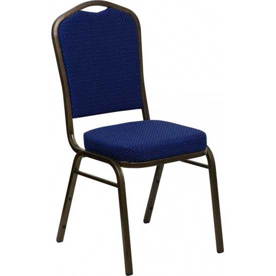 Crown Back Stacking Banquet Chair in Navy Blue Patterned Fabric - Gold Vein Frame