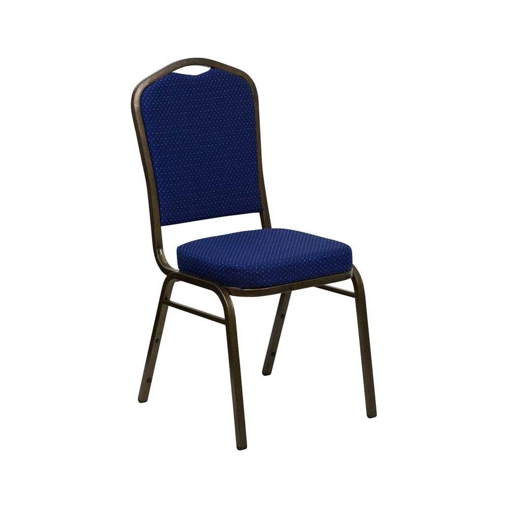 Crown Back Stacking Banquet Chair in Navy Blue Patterned Fabric - Gold Vein Frame