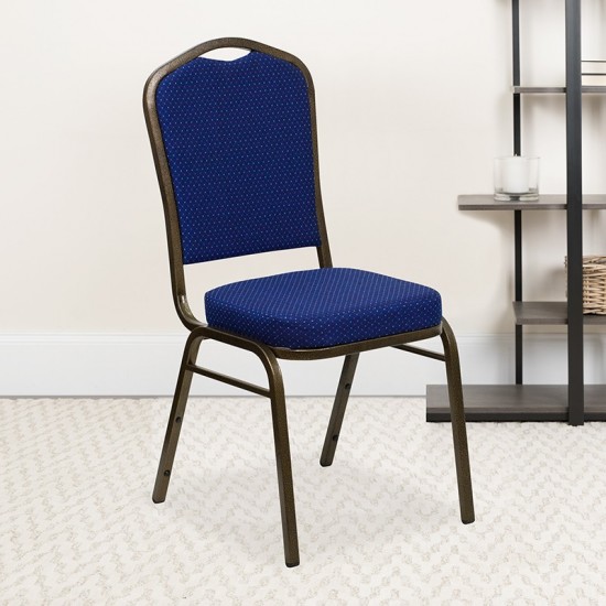 Crown Back Stacking Banquet Chair in Navy Blue Patterned Fabric - Gold Vein Frame