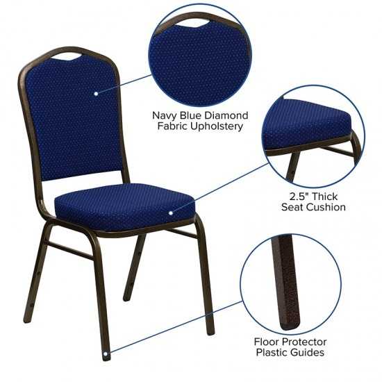 Crown Back Stacking Banquet Chair in Navy Blue Patterned Fabric - Gold Vein Frame