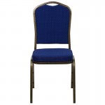 Crown Back Stacking Banquet Chair in Navy Blue Patterned Fabric - Gold Vein Frame