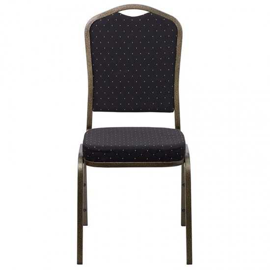 Crown Back Stacking Banquet Chair in Black Patterned Fabric - Gold Vein Frame