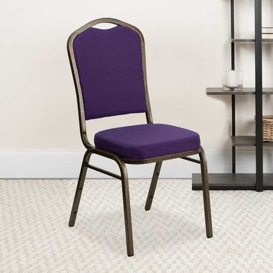 Crown Back Stacking Banquet Chair in Purple Fabric - Gold Vein Frame