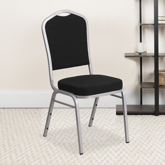 Crown Back Stacking Banquet Chair in Black Fabric - Silver Frame